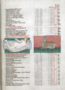 Miniaturer af Fluvius (flod), afbildet som en nøgen kvinde i et vandløb, og Lepus (kanin), i tabeller fra Ptolemæus