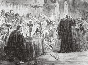 Mollio kaster sin fakkel ned før inkvisitionen, illustration fra The History of Protestantism af James Aitken Wylie (1808-1890), pub. 1878 af English School