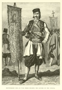 Montenegrinske Popa i krigsdragt med kirkens banner af English School