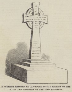 Monument rejst ved Cawnpore til minde om hustruerne og børnene fra det 32. regiment (gravering) af English School