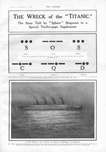 Morsekodesignaler og illustration af dampskibet, der lagde til ved Cherbourg om natten, fra The Sphere, 27. april 1912 af English School