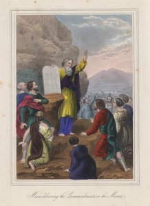 Moses uddeler de ti bud (koloreret gravering) af English School