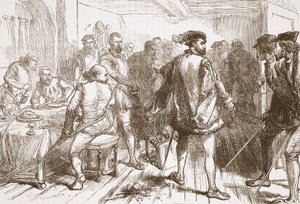 Mouchares-band angriber protestanterne på herberget i Faubourg St. Germain, illustration fra The History of Protestantism af James Aitken Wylie (1808-1890), pub. 1878 af English School