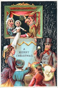 Mr Punch holder mistelten, julekort af English School