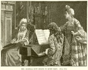 Fru Arabella Hunt synger for Queen Mary af English School