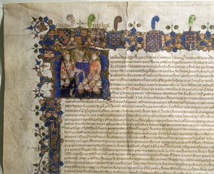 Ms.29410 Historikert initial R, der viser mindre kanoner af St. Pauls Cathedral, detaljer fra Royal Charter of Incorporation af English School