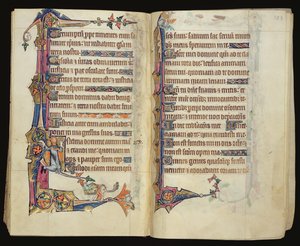 Ms 1-2005, ff.122v-123r: Grotesk randdekoration fra Macclesfield Psalter, Use of Sarum, East Anglia, c.1330 af English School