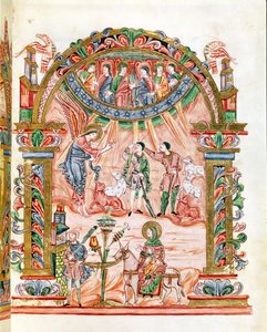 Ms 274 (Y-6) fol.33 Bebudelsen til hyrderne og flugten til Egypten, fra Missalet af Robert af Jumieges, c.1016