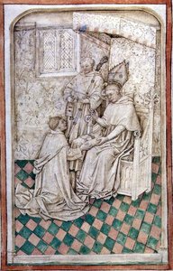 Ms R 14.5 f.8v Thomas Bekynton, biskop af Bath og Wells, modtager Chaundler, fra Abingdon Missal, 1457-61 af English School