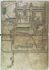 Ms R 171 f.285 Plan over Canterbury Cathedral og VVS-systemet, fra 