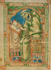 Ms R 17 I f.283v Munk Eadwine i arbejde på manuskriptet, Eadwine Psalter, c.1150 (vellum) af English School
