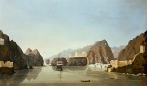 Muscat fra havnen med en britisk fregat for anker, fra Sixteen Views of Places in the Persian Golf, af løjtnant R. Temple, udgivet 1813 (akvatint)