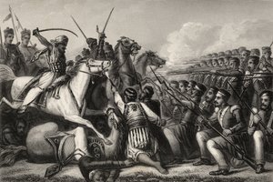 Mutineres kavaleri angriber en infanterikæde i slaget ved Cawnpore i 1857, fra "The History of the Indian Mutiny", udgivet i 1858 af English School