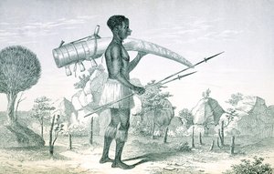 Indfødt med en dekoreret elfenbens elefantstødtand, fra søregionerne i Centralafrika, af Richard F. Burton (1821-90), 1860 af English School
