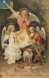 Krybbespil med engle (chromolitho) af English School