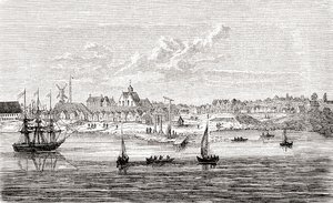 New Amsterdam, en hollandsk bosættelse fra det 17. århundrede på sydspidsen af Manhattan Island, Amerika, fra Ward and Lock