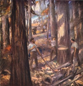 New Brunswick, William Davidson, Canadas første tømmermand, skærer master til den britiske flåde (farvelitografi) af English School