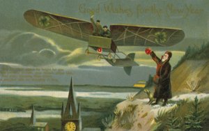 Nytårskort med et fly (farve litho) af English School