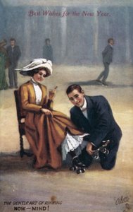 Nytårskort med rulleskøjteløbere (farve litho) af English School