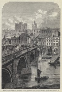Newcastle-upon-Tyne fra syd, der viser slottet og St Nicholas Spire (gravering) af English School