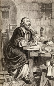 Nicholas Ridley skrev breve i fængslet, mens han afventede sin henrettelse, ca. 1865 (trægravering) af English School