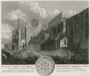 Nordvestlig udsigt over Hall of Winchester Palace, som det så ud efter branden