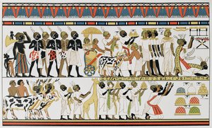 Nubiske høvdinge bringer gaver til kongen af Egypten, kopi af et oldægyptisk vægmaleri fra en grav i Theben, ca. 1380 f.Kr., fra The History of Mankind, bind III, af prof. Friedrich Ratzel, 1898 af English School