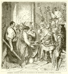 Odoaker tvinger Romulus Augustulus til at give afkald på den kejserlige værdighed af English School