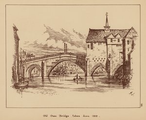 Den gamle Ouse-bro, taget ned i 1809 (litografi) af English School