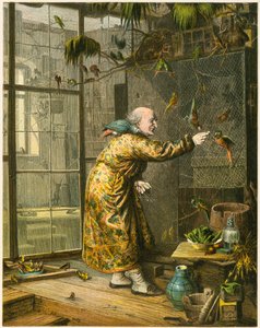 Gammel mand i sin voliere af English School