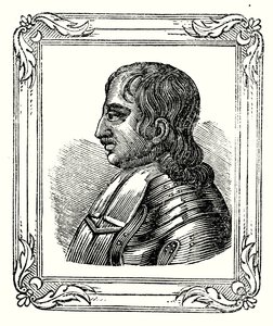 Oliver Cromwell blev født i 1599, blev til Protector i 1653 og døde i 1658 (gravering) af English School