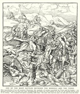 En af de mange kampe mellem mongolerne og tyrkerne (litho) af English School