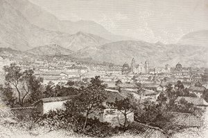 Overordnet udsigt over Bogota, Colombia (litho) af English School
