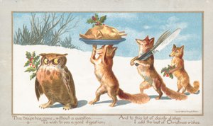 Ugle og ræve bærer julefest, julekort af English School