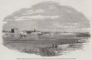 Palace of Abbas Pacha, ved Benha, og stedet for den påtænkte jernbanebro over Damietta-grenen af Nilen (gravering) af English School