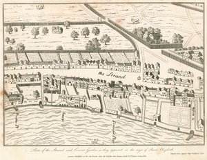 En del af The Strand og Covent Garden, London, som de optrådte under dronning Elizabeths regeringstid af English School