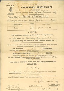 Passagercertifikat for dampskibet The Maid of Athens af English School