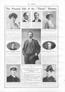 Passagerer på RMS Titanic, fotografier og information om bemærkelsesværdige personer forbundet med Titanic, fra The Sphere, 27. april 1912 af English School