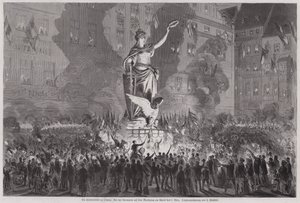 Fredsfejring foran statuen af Germania på markedspladsen i Leipzig, Tyskland, om aftenen den 5. marts 1870 (gravering) af English School