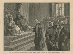 Jævnaldrende og almue præsenterer den patriotiske tale til dronningen på tærsklen til Krimkrigen af English School