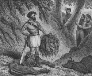 Pepin the Short, King of the Franks, proving his stature is no impediment on his ability to rule by killing a liondani af English School