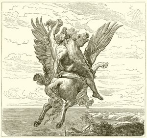 Perseus på den bevingede hest Pegasus, med Medusas hoved af English School