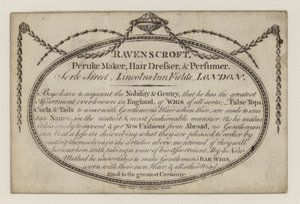 Peruke maker, Ravenscroft, handelskort af English School