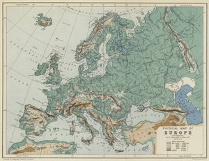 Fysisk kort over Europa (farvelitografi) af English School