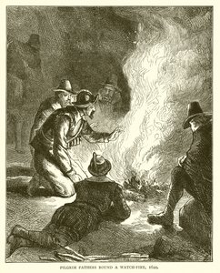Pilgrimsfædre runder en vagtbål, 1620 af English School