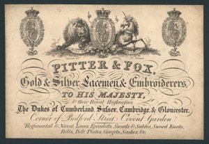 Pitter and Fox, Gold and Silver Laceman and Embroiderers, Bedford Street, Covent Garden, trade card af English School