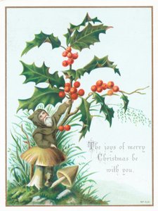Nisse plukker Holly, julekort af English School