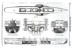 Plan og tværsnit af Great Eastern dampskib, 1857 af English School