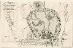 Plan for forbedringer i Marylebone, London, nu kaldet Regents Park, lavet i år 1809 af English School