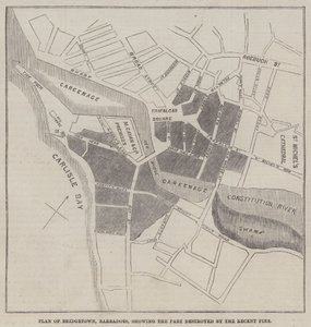 Plan over Bridgetown, Barbadoes, der viser delen ødelagt af den seneste brand (gravering) af English School